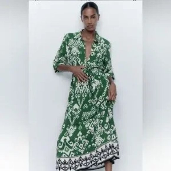 Zara Belted Printed Green Short Sleeves Button Front Midi Shirt Dress Size S - Picture 2 of 10